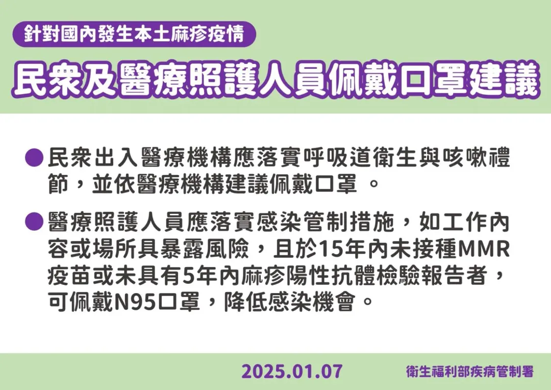 醫療照護人員應落實感染管制措施，如工作內容或場所具暴露風險，可佩戴N95口罩，降低感染機會。（圖／疾管署）