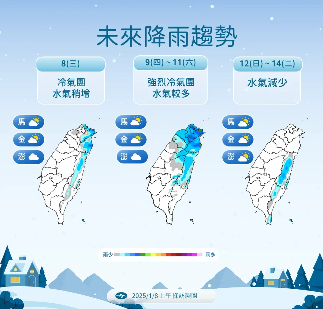 強烈冷氣團等級冷空氣9日將南下,水氣將在北東帶來降雨。(圖/中央氣象署提供)