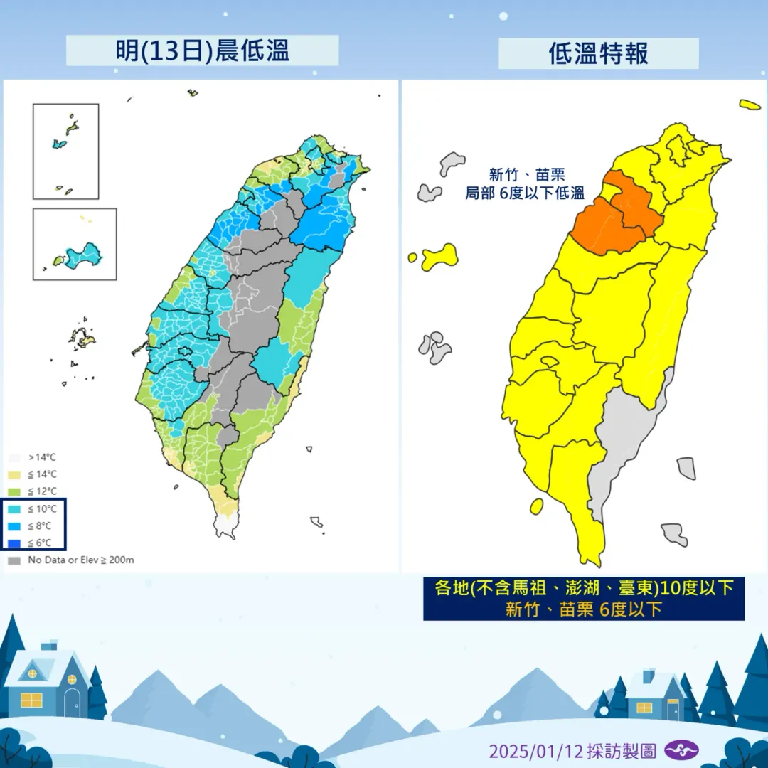 受強烈冷氣團影響,全台多地13日清晨低溫降到10度以下,新竹縣與苗栗縣低溫可能不到6度。(圖/中央氣象署提供)