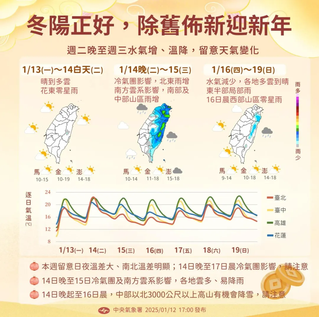 週二至週三一波冷氣團來襲，北東地區及南部中部山區降雨機會增加。（圖／中央氣象署）