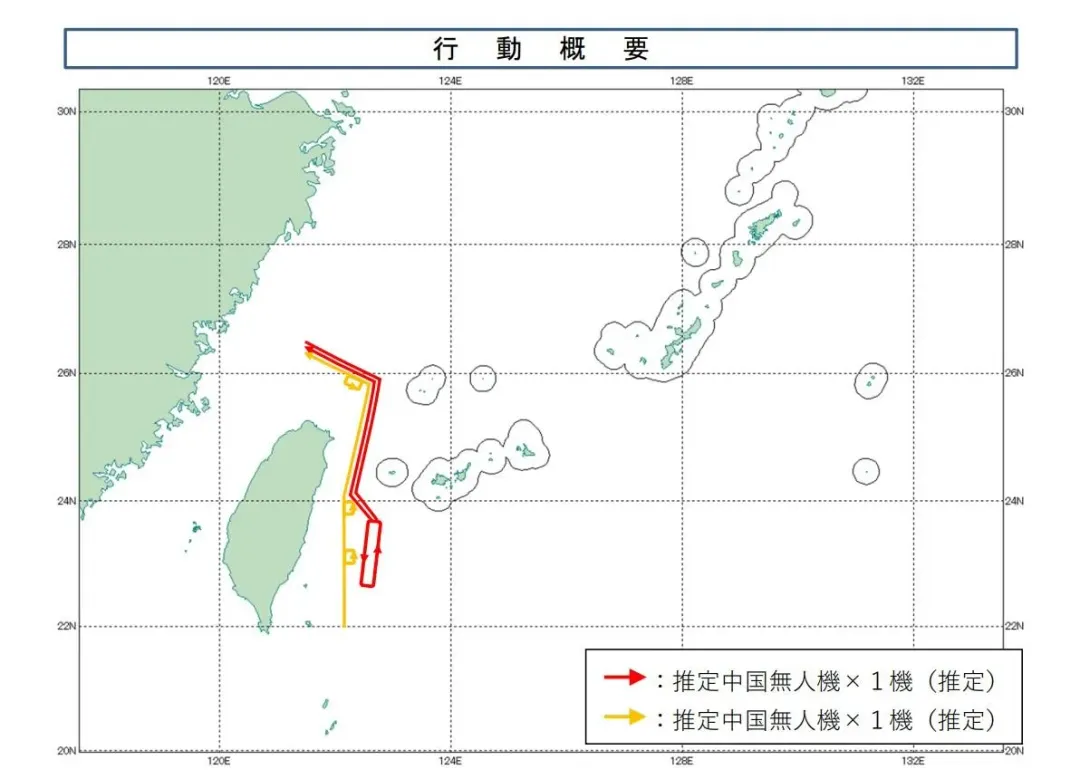 日本公布1月14日大陸無人機飛行軌跡。(圖/防衛省)