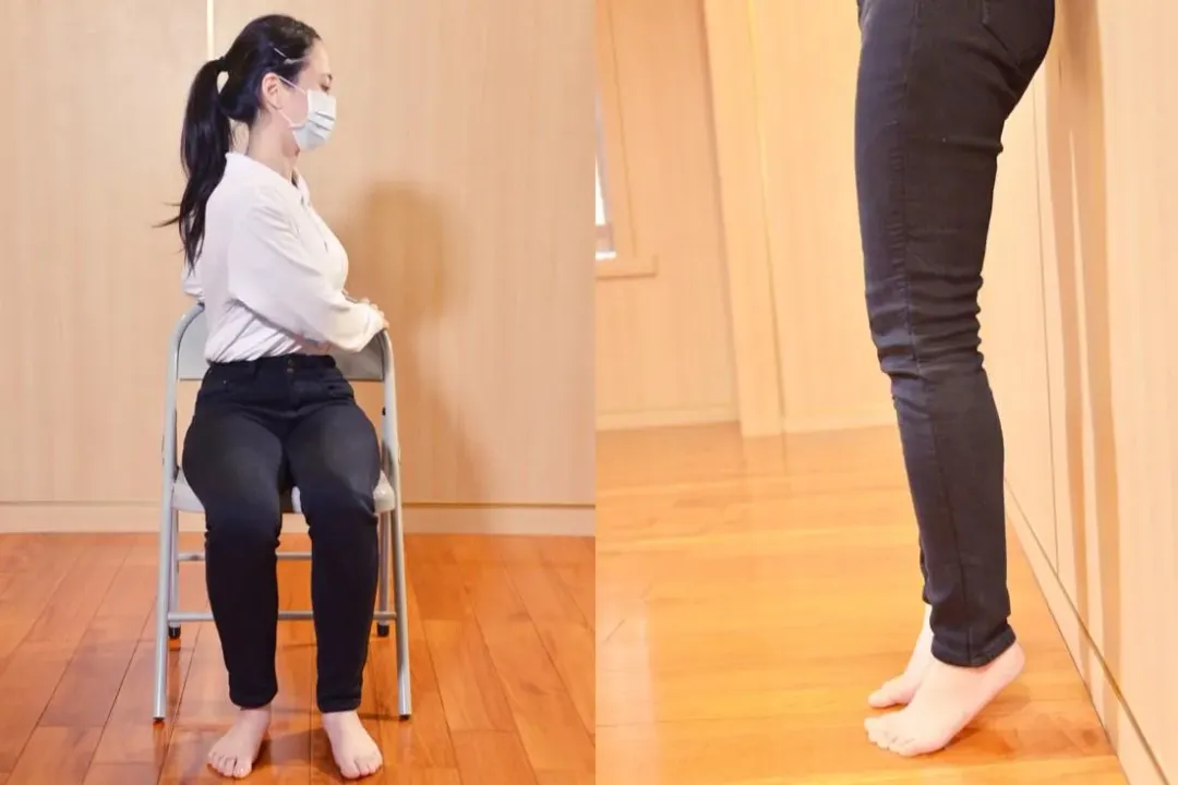 椅背旋轉扭腰（左）及踮腳伸展（右）均為簡易動作，適時進行可減緩肌肉痠痛的發生。（圖／台北慈濟醫院提供）