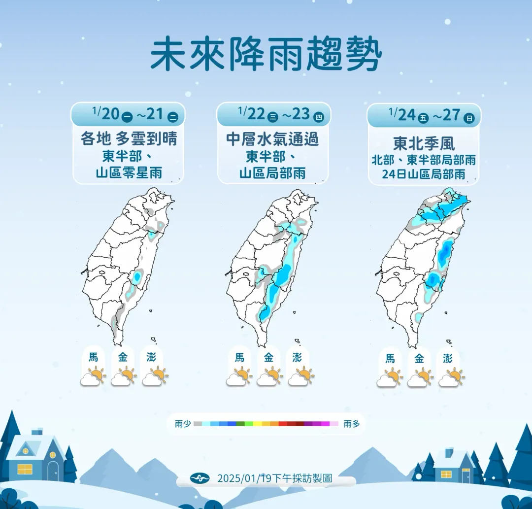 下週中後期中層水氣和東北季風通過,北東陸續出現降雨。(圖/中央氣象署提供)