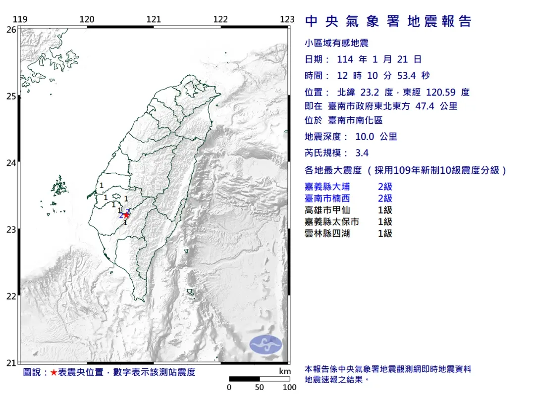 臺南12:10又發生地震。(圖/氣象署)