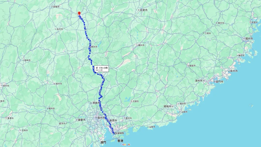 夏汪輝從廣東深圳「徒步」約650公里回湖南衡陽過年。（圖／翻攝Google Map）