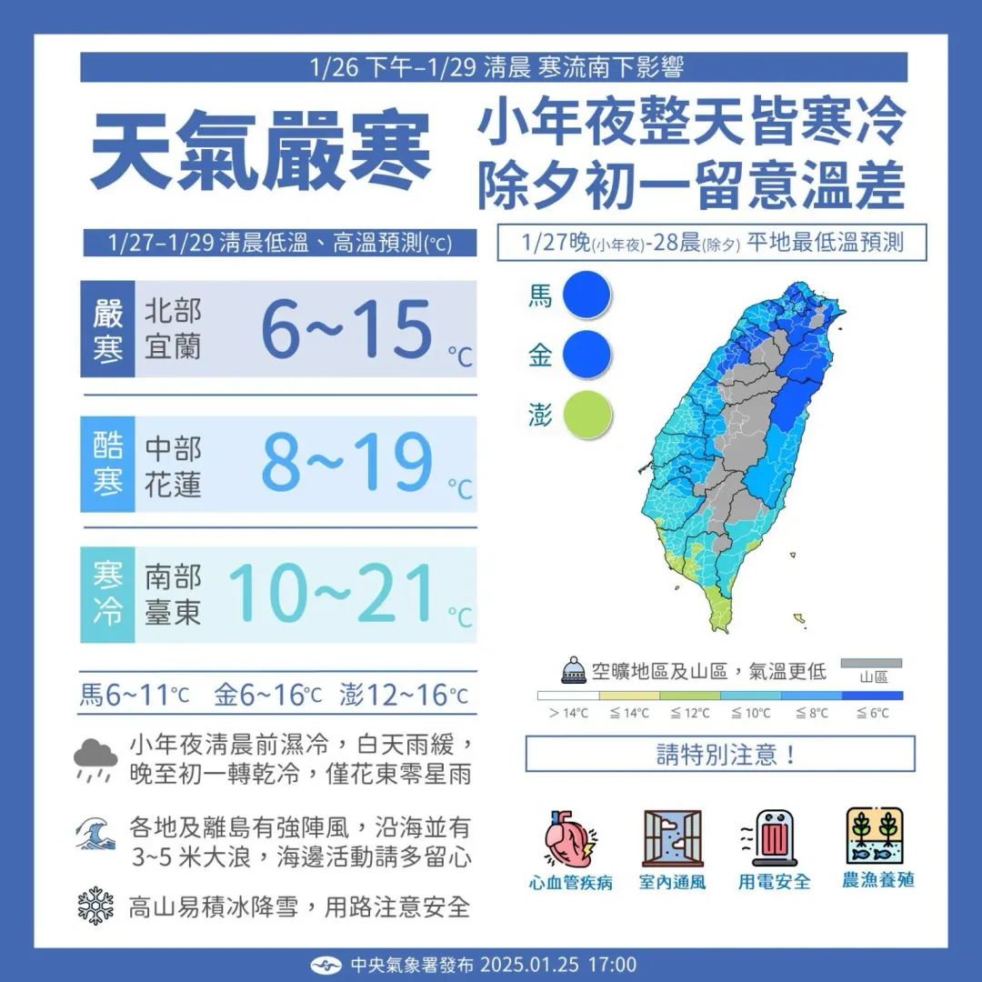 氣象署預測北部低溫只剩6-8度。（圖／中央氣象署）