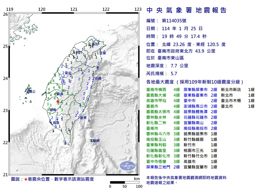 台南地震全島有感。（圖／中央氣象署）