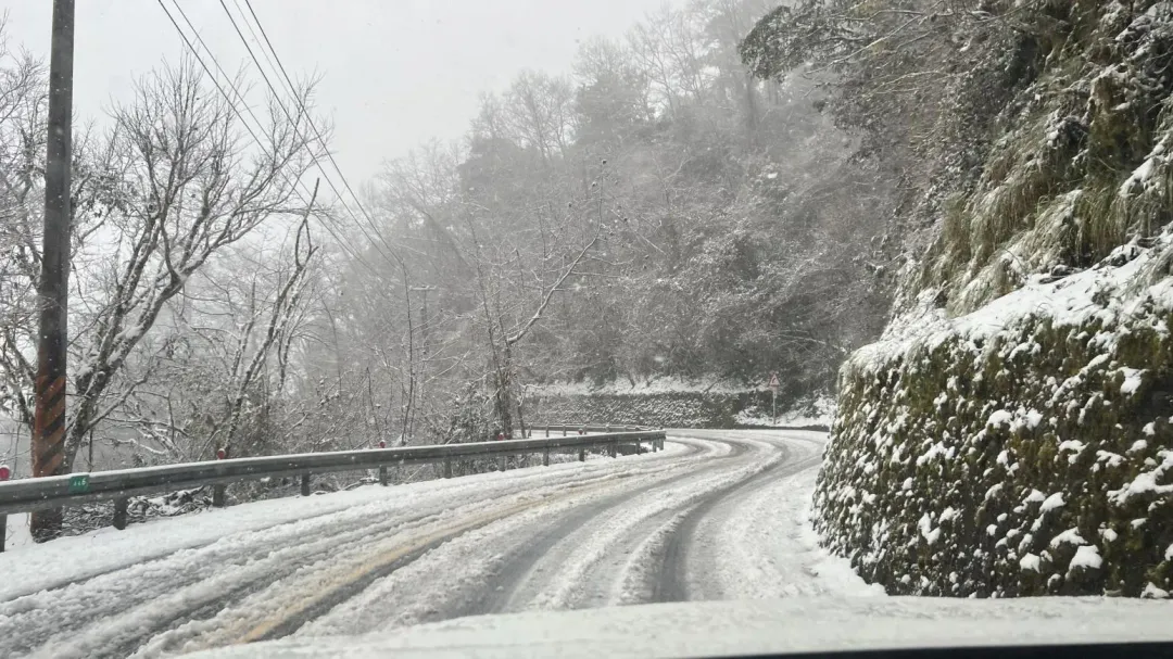 勝光派出所到思源埡口路面結冰，兩旁植株、山壁也可看到薄博積雪。（圖／武陵農場提供）