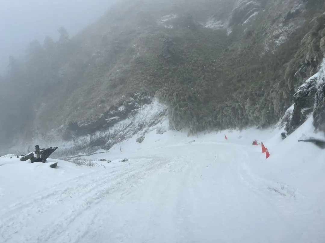 合歡山區部分路段積雪、結冰導致通行困難，車輛除需加掛雪鏈，部分車種將禁止進入管制路段。（圖／公路局提供）