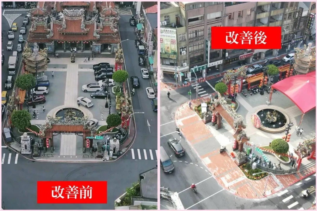 桃園市政府兩年多來力推「人本交通」，市府都發局趕在過年前完成「桃園舊城再生」的景福宮人行道本體工程第一階段，讓「桃園大廟」景福宮煥然一新，引發網友熱烈回響、肯定。(圖／桃園市政府提供)