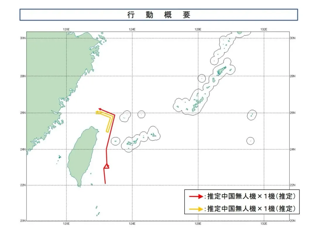 2架大陸無人機飛行軌跡。(圖/防衛省)