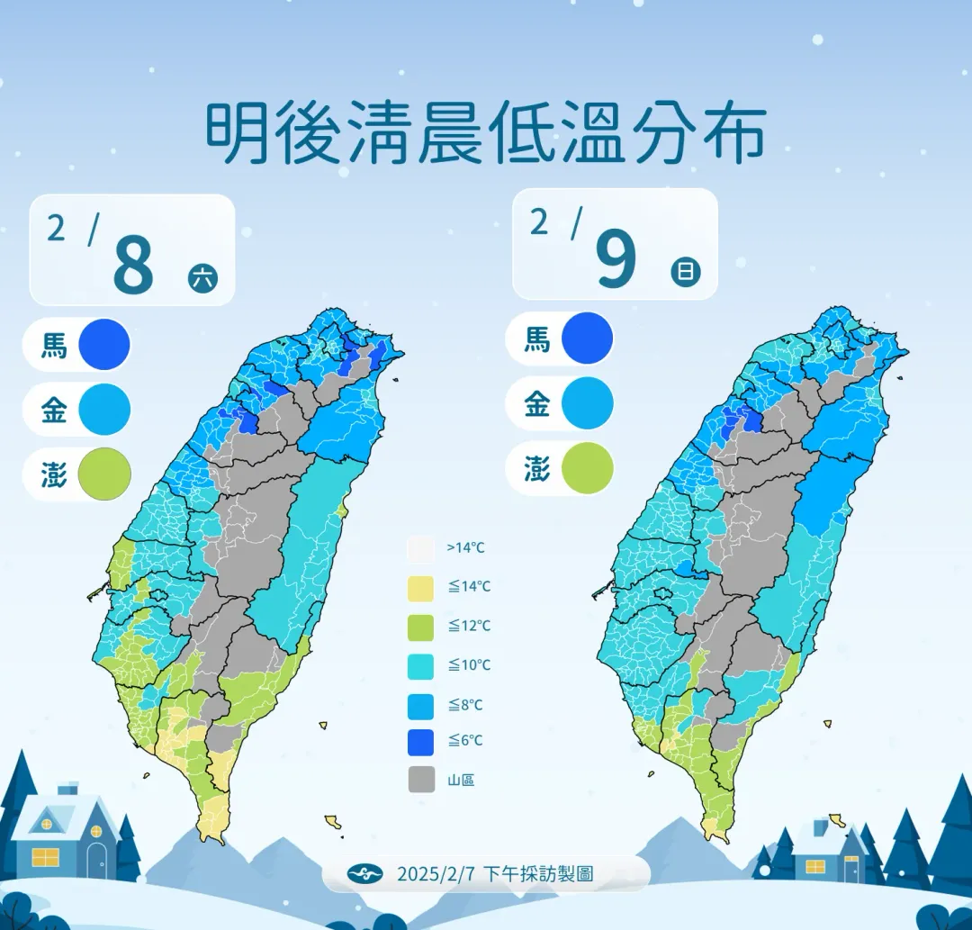本週末各地因寒流帶來低溫情況，局部空曠地區或近山區將出現6度低溫。（圖／中央氣象署提供）