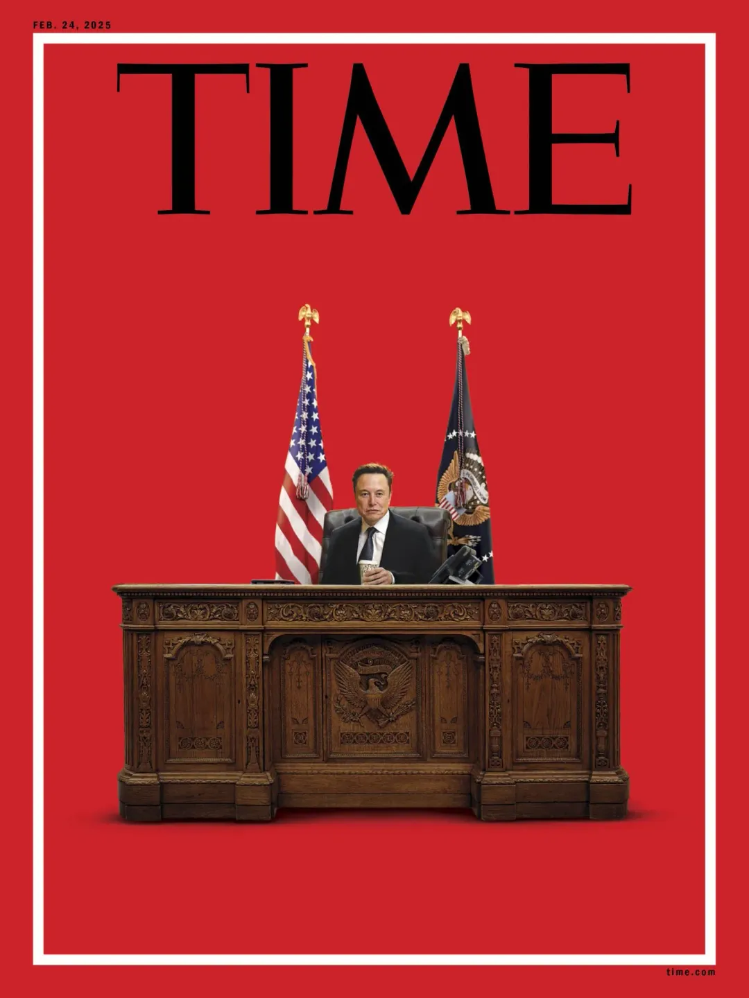 《時代》雜誌7日發布的最新封面顯示馬斯克占據美國總統寶座。（圖／翻攝自X@TIME）