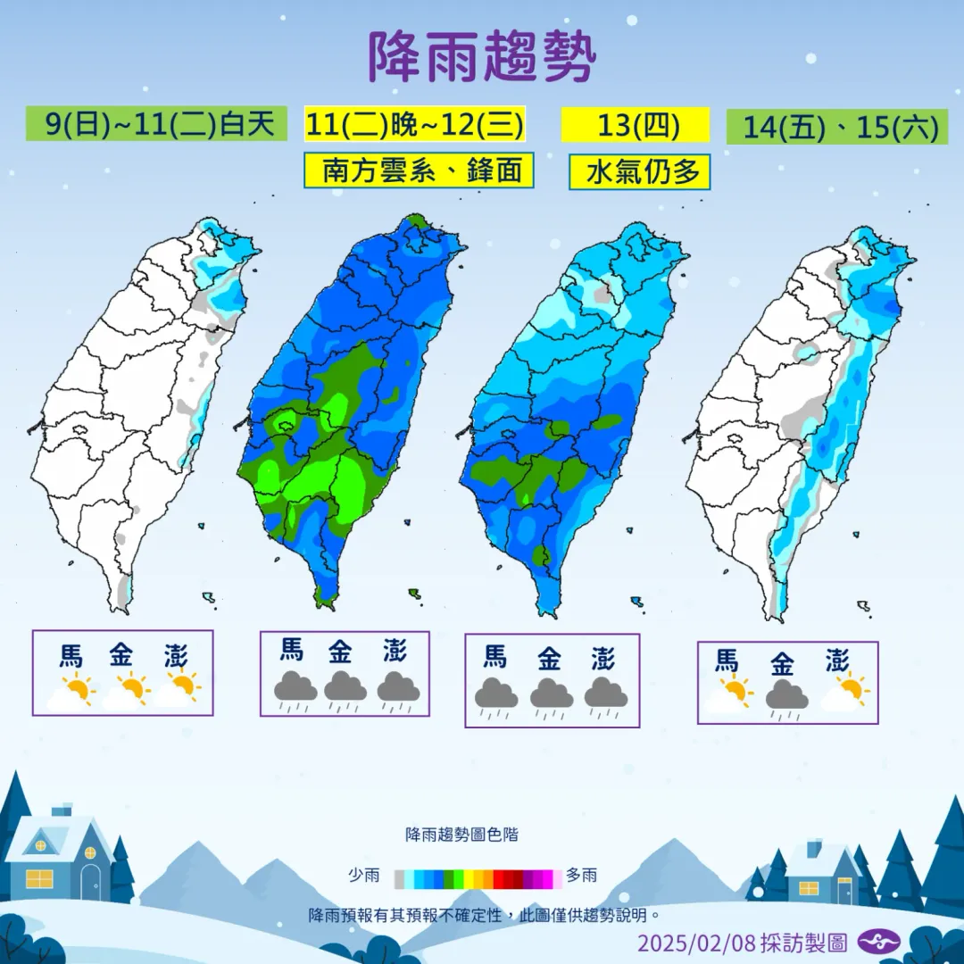 下週因南方雲系和鋒面影響，全台各地降雨，接近週末水氣稍微減少。（圖／中央氣象署提供）