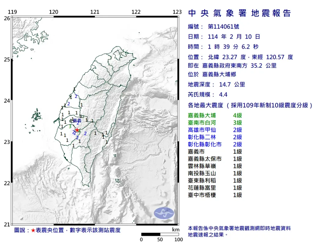 嘉義縣大埔鄉於10日凌晨1點39分再度發生芮氏規模4.4地震。(圖/中央氣象署)
