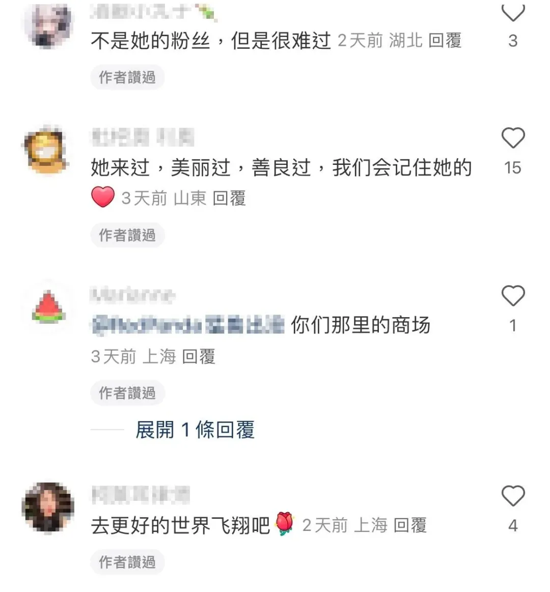 網友留言，對大Ｓ突然離世仍感到不捨。（圖／翻攝自小紅書）