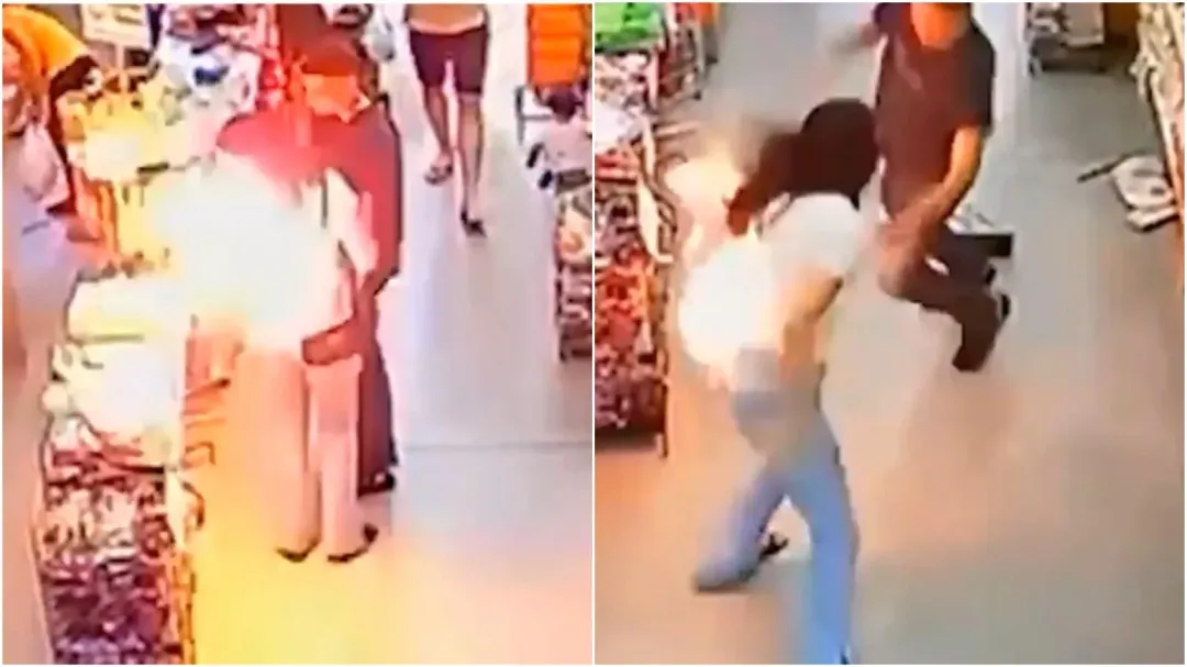 巴西一名人妻逛到一半,褲子後面口袋的手機突然爆炸起火。(圖/翻攝X)