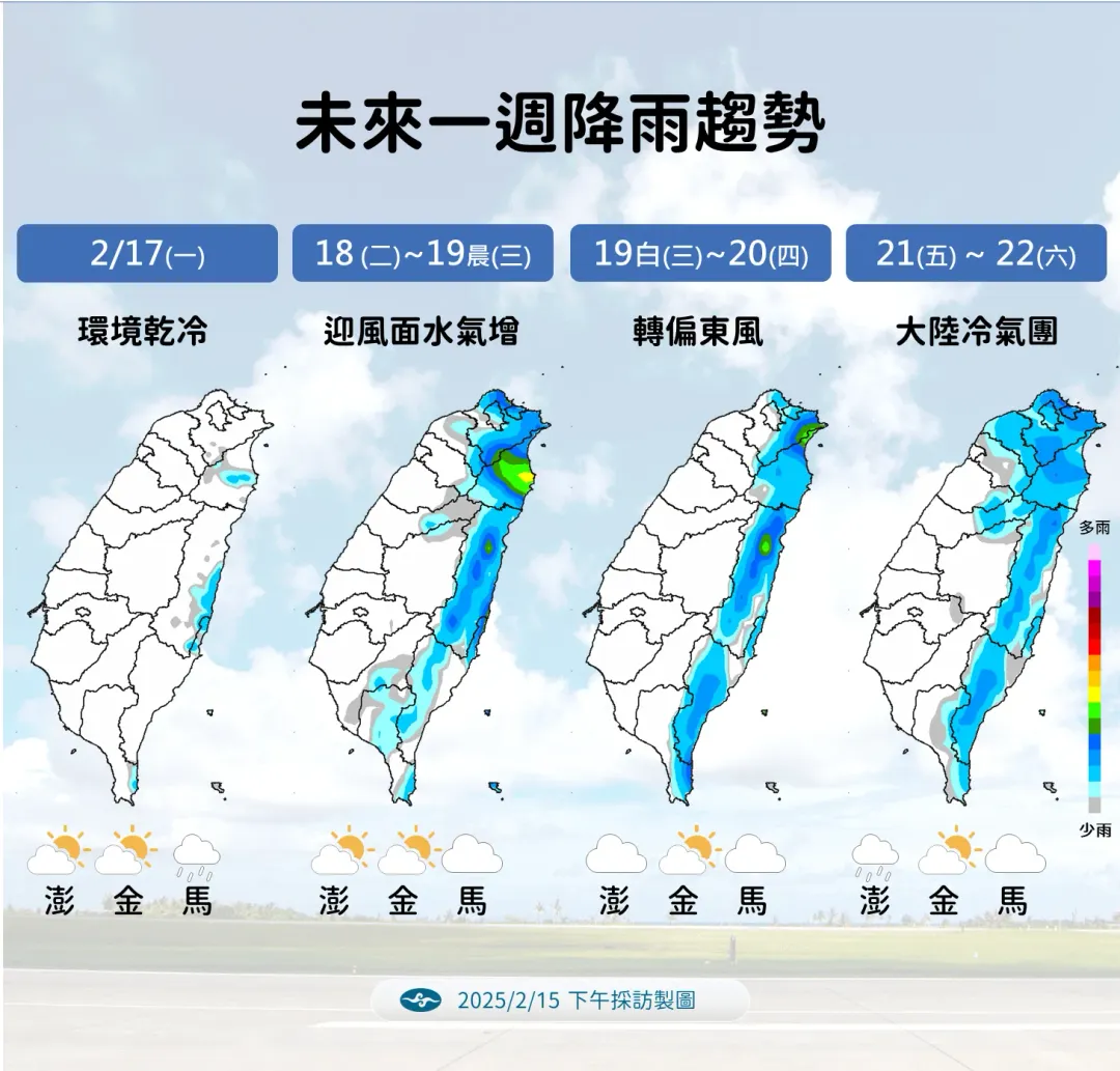 下週水氣逐漸增加，降雨範圍以迎風面的北部、東部地區為主。（圖／中央氣象署提供）