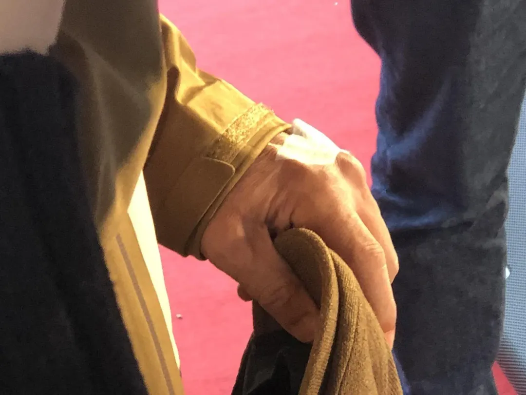 凌峰手上留有靜脈留置針，為了今天的活動，笑稱「拔針也要來」支持好友紀寶如。（圖／記者郭竹倩 攝）