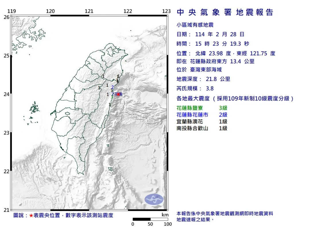 今（23）日下午3時23分台灣東部外海，發生規模3.8地震，地震深度21.8公里，屬於「極淺層地震」。（圖／氣象署）