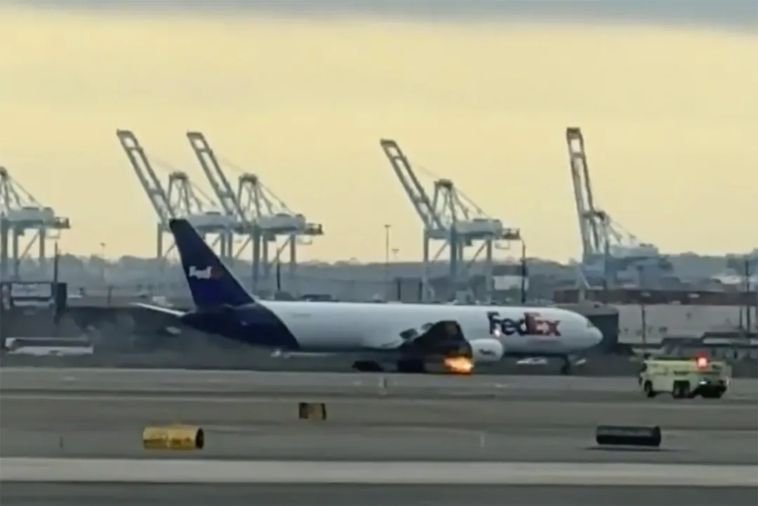 1架FedEx貨機因鳥擊導致發動機起火，在紐瓦克自由國際機場迫降。（圖／美聯社）