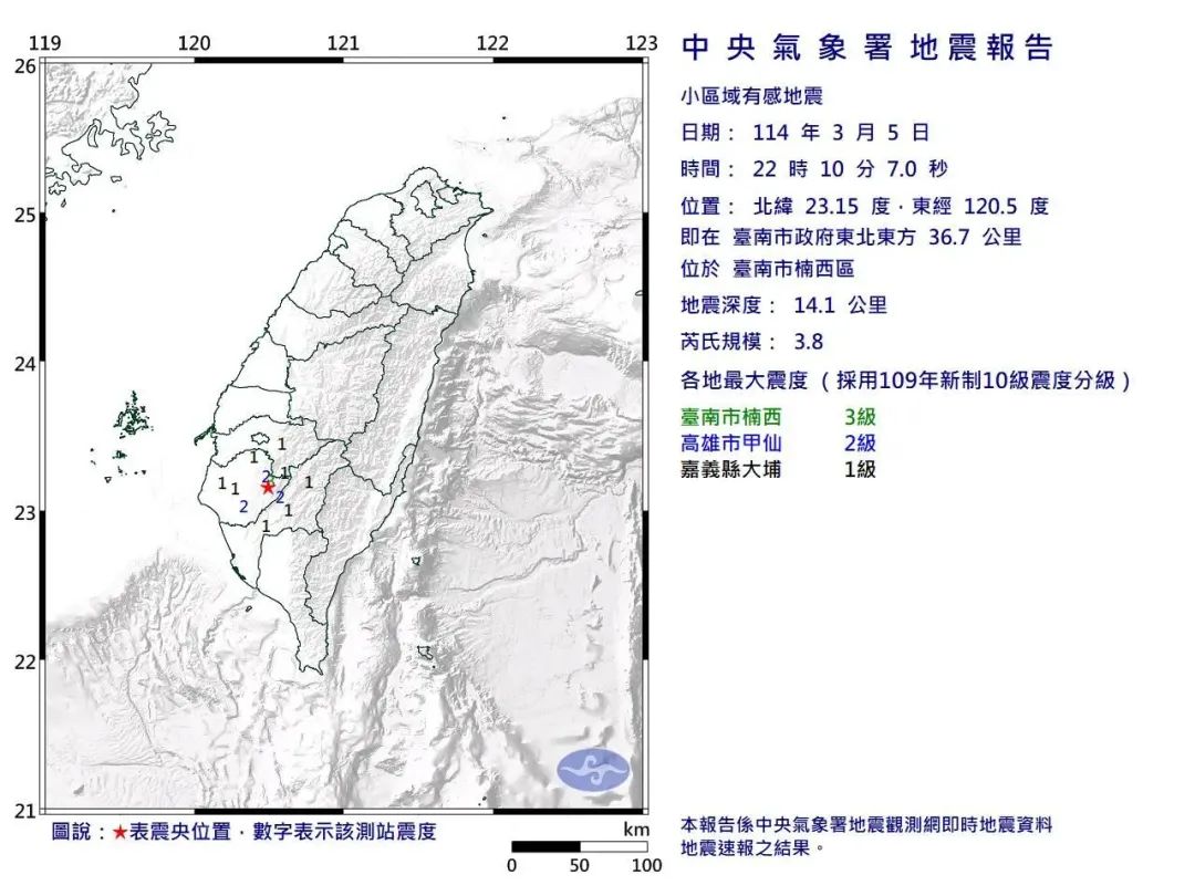 台南市楠西區晚間22時10分，再發生芮氏規模3.8地震，最大震度2級。（圖／氣象署提供）