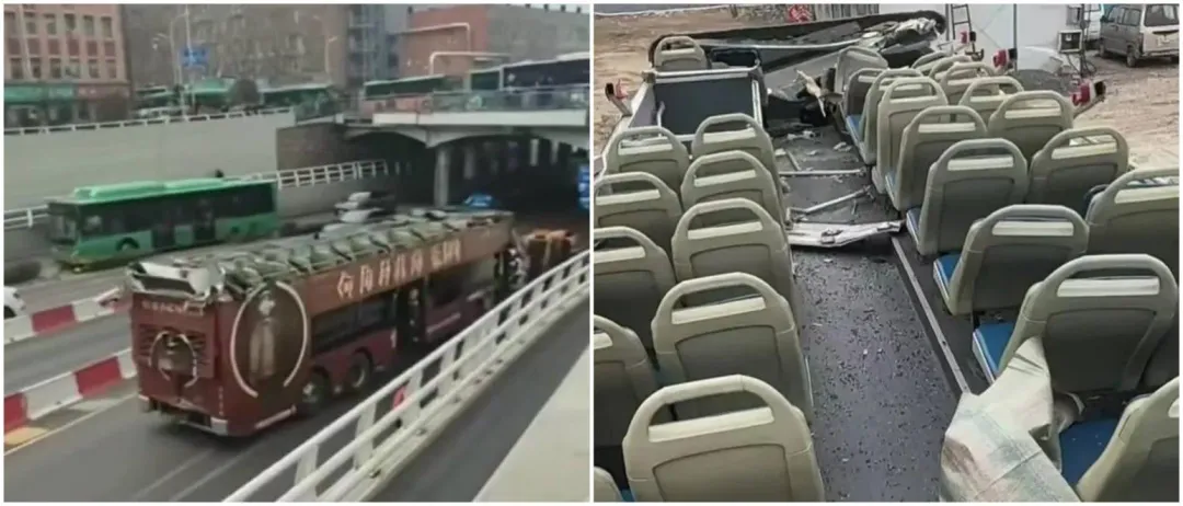 雙層巴士車頂完全被削落。（圖／翻攝微博）