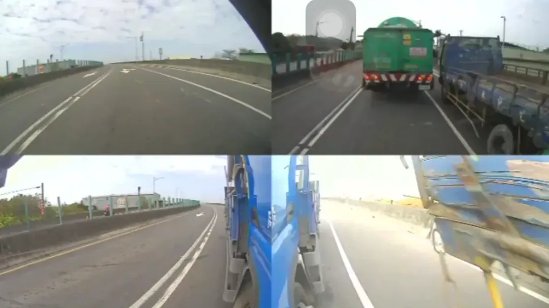 貨車駕駛試圖透過摩擦路旁護欄方式減速，但仍追撞前方4部汽車。（圖／翻攝畫面）