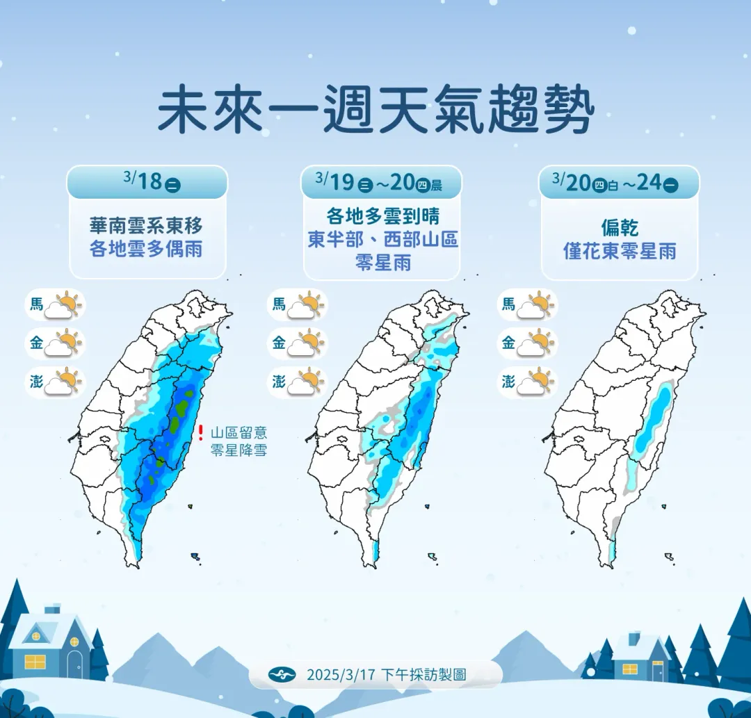 本週華南雲系東移帶來較多雲量，篇東半部地區降雨較多，之後逐漸轉乾。（圖／中央氣象署提供）