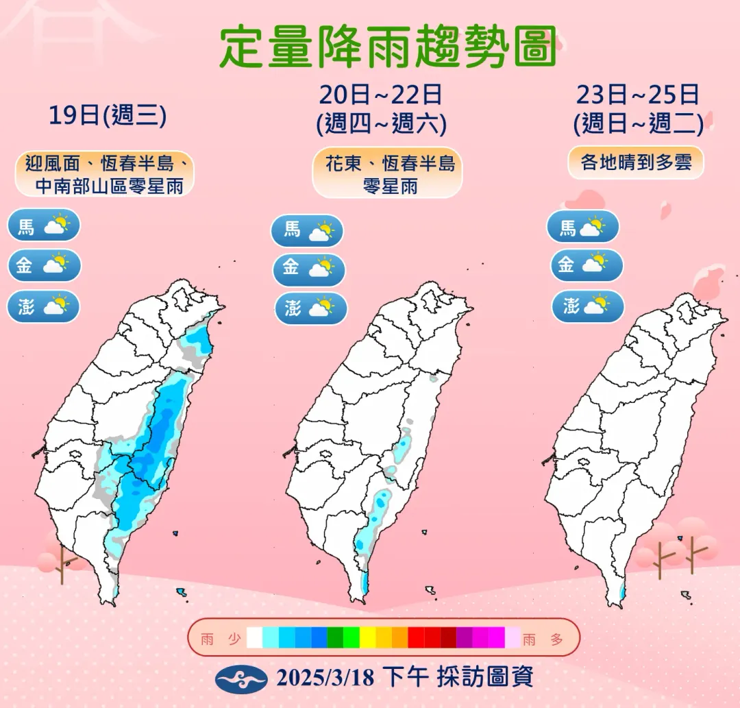 19日迎風面地區降雨較多,之後雨勢漸少,各地迎來晴到多雲的天氣。(圖/中央氣象署提供)