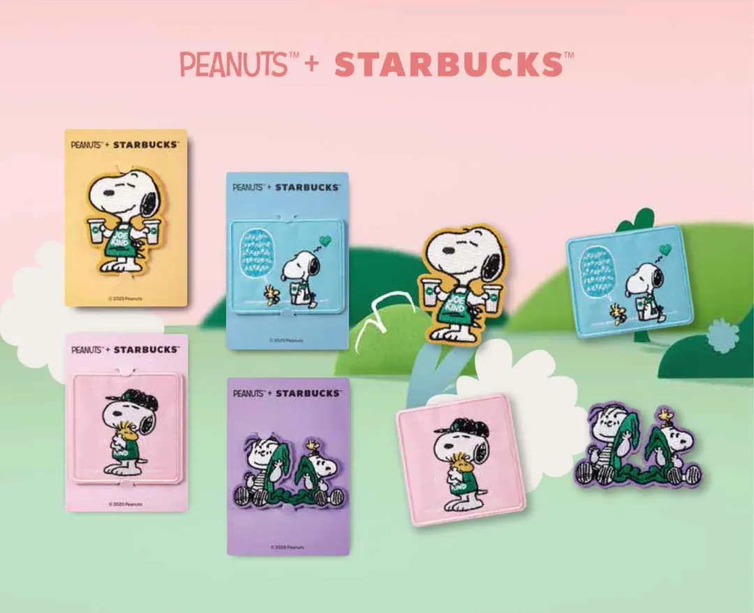 4款「Joe Kind Snoopy」布章，以盲包方式，於3月29日起，單筆消費點購任兩杯大杯全品項飲品，即可獲得乙個布章。（圖／星巴克提供）
