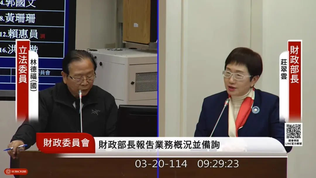 國民黨立委林德福、財政部長莊翠雲。（圖／立法院議事轉播系統）