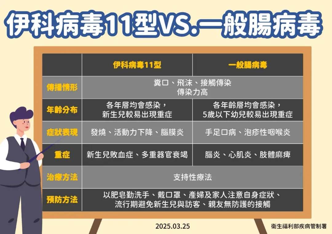 伊科病毒和一般腸病毒的比較差異。（圖／疾管署提供）