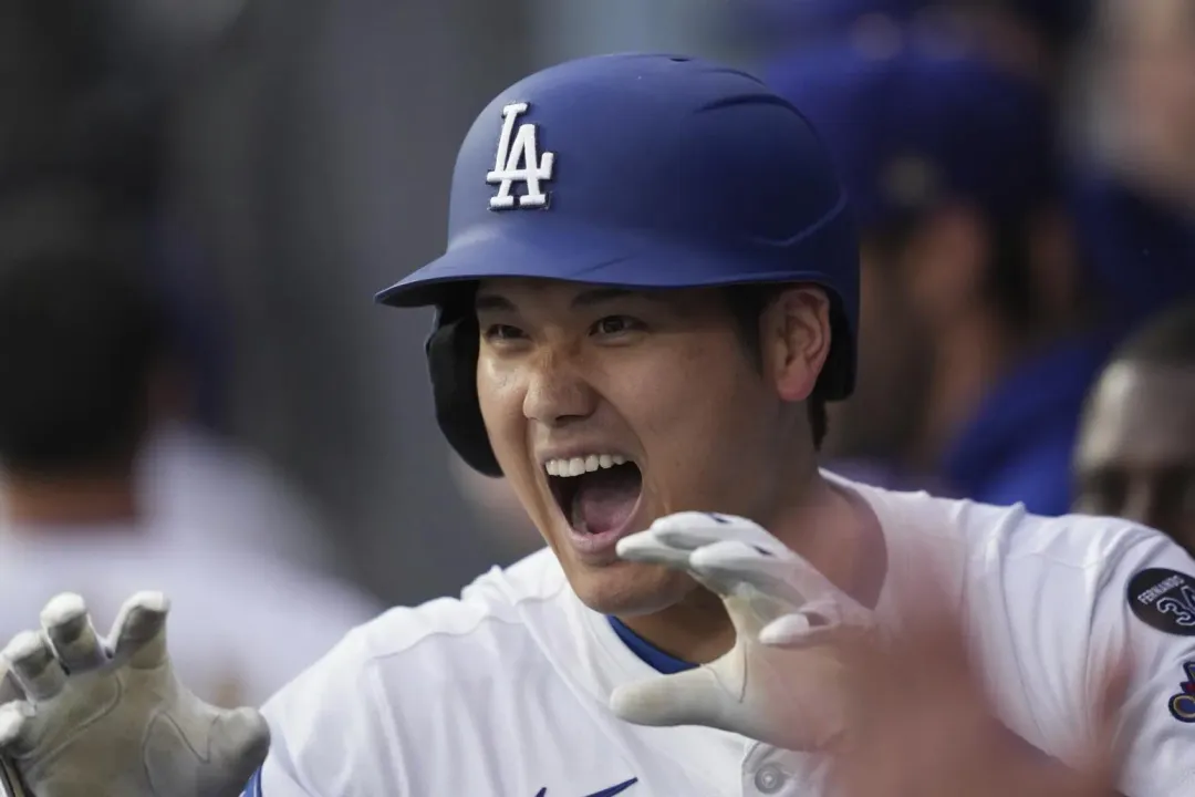 大谷翔平開轟後非常開心。（圖／美聯社）