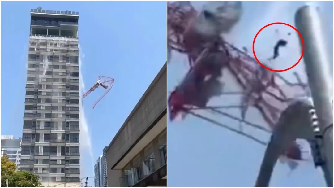 曼谷一棟超過20層樓高的工地強震時吊臂甩落，工人當場墜樓慘死。（圖／翻攝X）