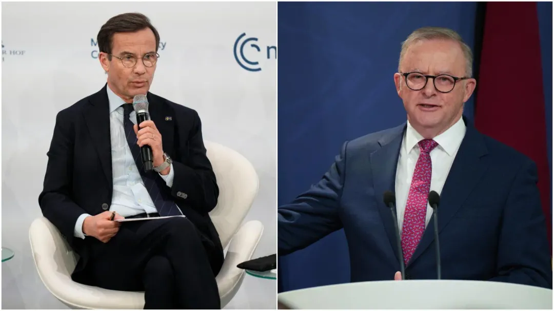 瑞典總理克里斯特森(Ulf Kristersson)和澳洲總理阿爾巴尼斯（Anthony Albanese）。（資料圖／美聯社）