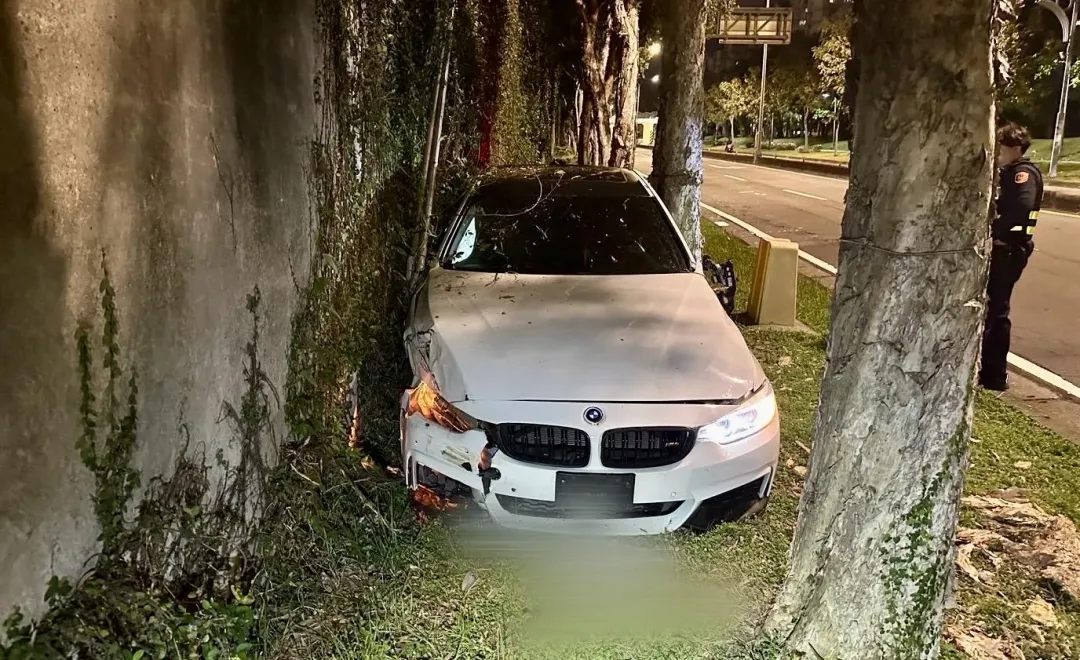 白色BMW自撞卡在路樹與圍牆中間。（圖／翻攝畫面）