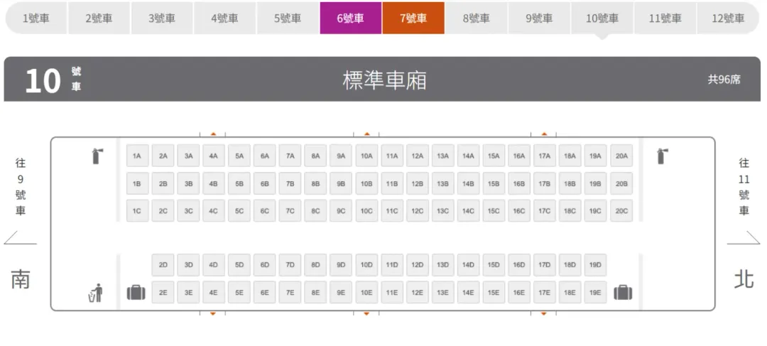 據高鐵官網顯示，雙數車廂如第10節車廂有96個座位，比單數車廂多。（圖／翻攝自台灣高鐵官網）
