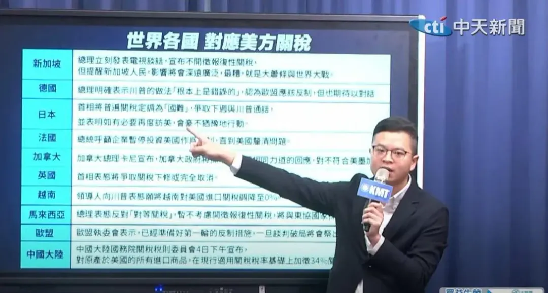 國民黨記者會批評賴清德總統對川普宣布採取對等關稅政策後仍在神隱。(圖／中天新聞)