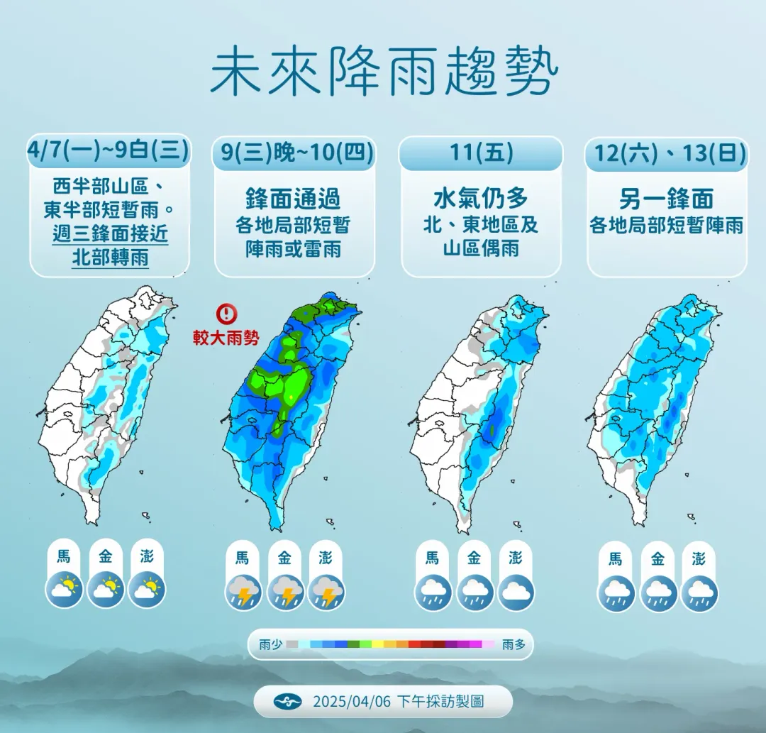 下週隨著2波鋒面接近，全台各地軍有降雨機會。（圖／中央氣象署提供）