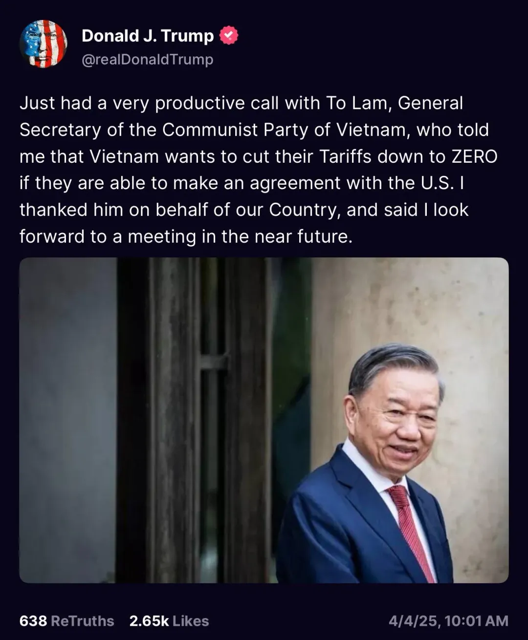 川普4日在社群平台透露與越南領導人蘇林通話，稱後者表示越南願將自美國進口的商品進口稅率下調至0%。（圖／翻攝自Truth Social@realDonaldTrump）