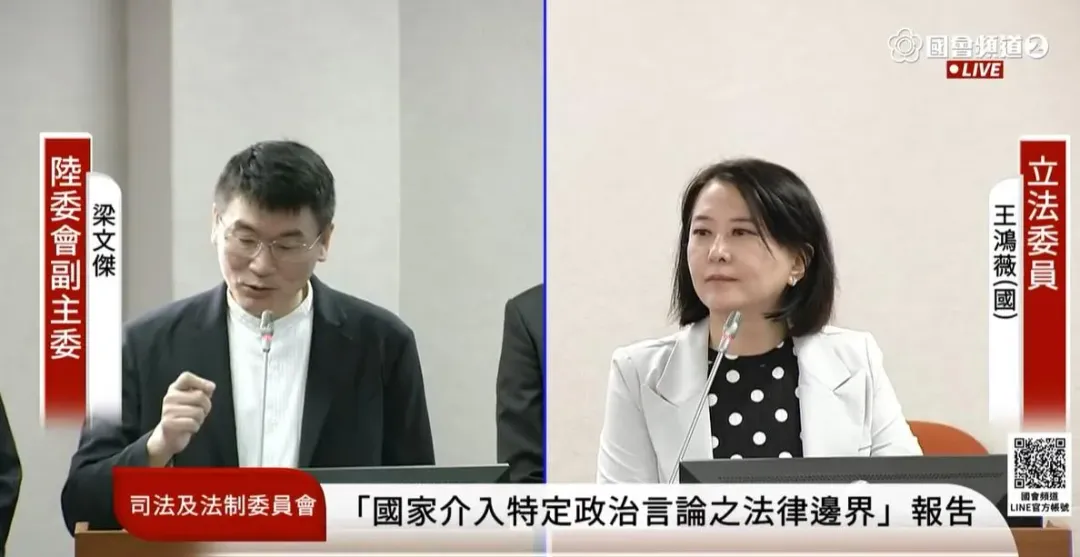 國民黨立委王鴻薇(右)、陸委會副主委梁文傑(左)。(圖/取自國會頻道)