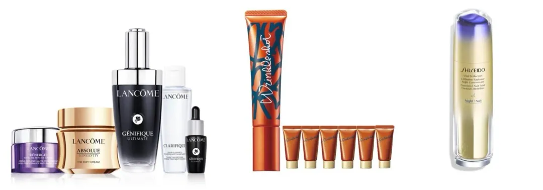 (左)LANCÔME 蘭蔻「小黑瓶PRO百搭入門組」、(中)POLA「抗皺精華霜大容量限定組(限定品)」、(右)SHISEIDO 資生堂國際櫃「加大版彈力帶緊緻V臉精華(大容量)」。(圖/@cosme)