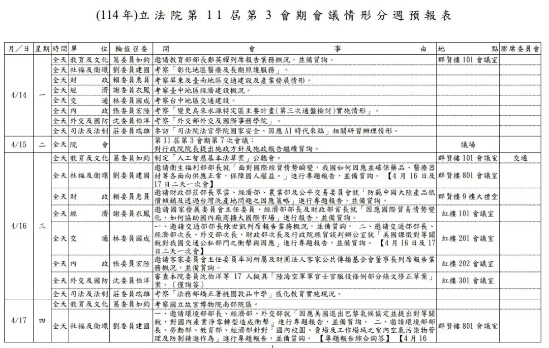 立院下周議程大都是考察和公聽會。（圖/讀者提供）