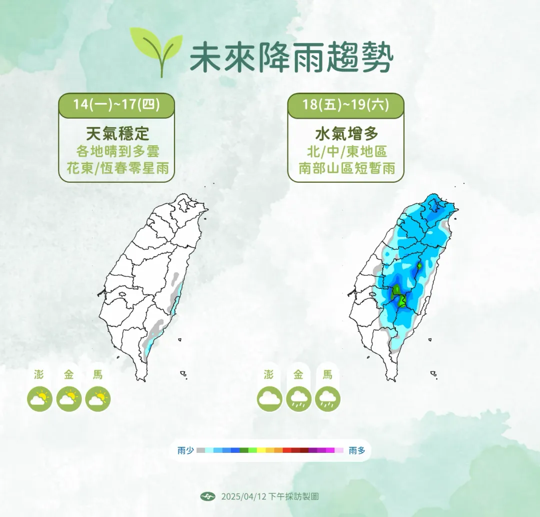 下週末前天氣較穩定、少雨，之後鋒面水氣移入，雨勢又增強。（圖／中央氣象署提供）