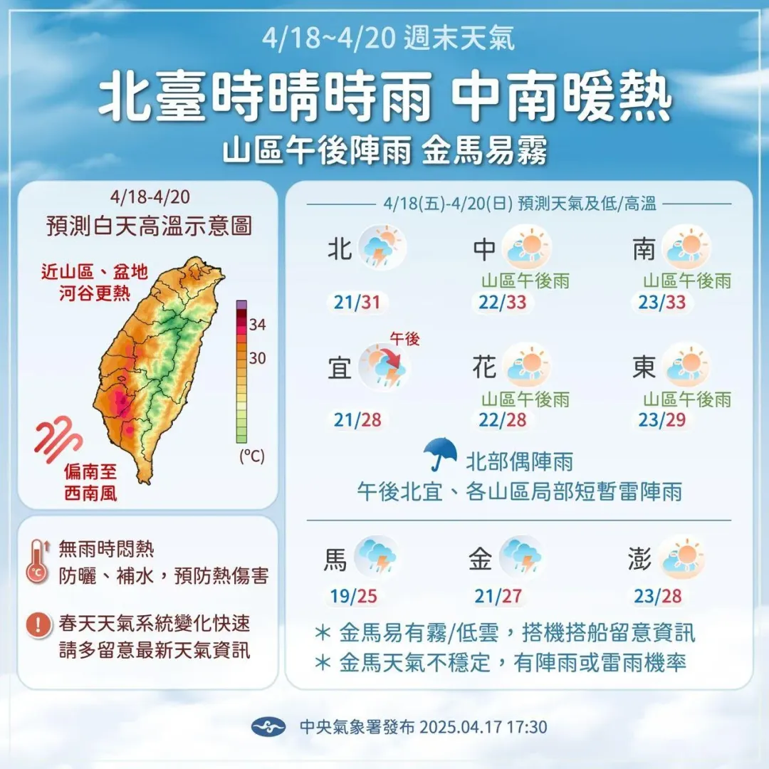 未來1週有2波鋒面報到，本週末轉為降雨天氣，下週將短暫放晴。（圖／中央氣象署提供）