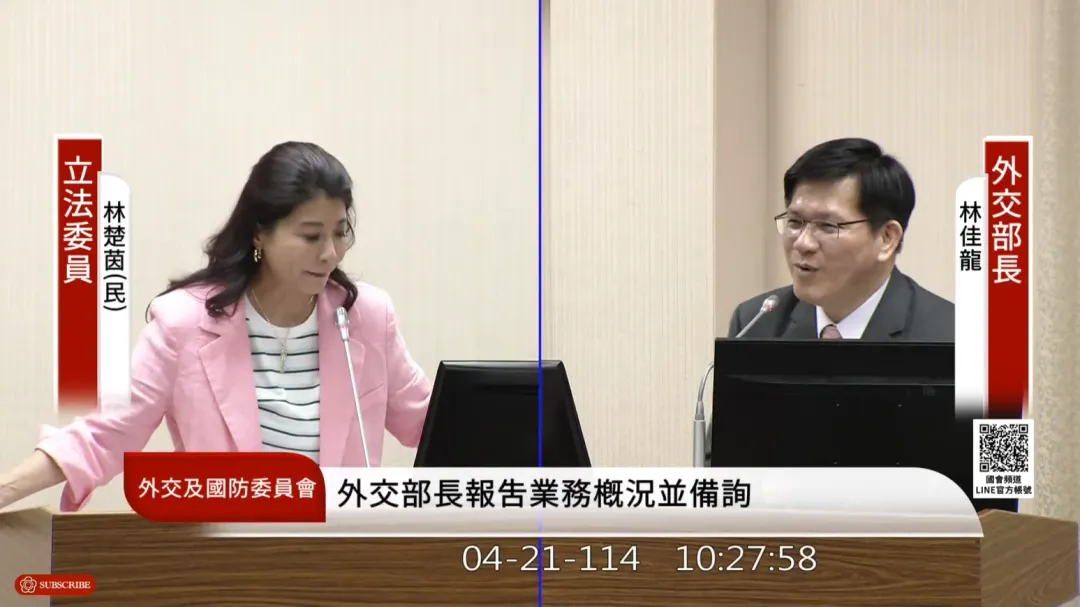 民進黨立委林楚茵質詢外交部長林佳龍。(圖/國會頻道)