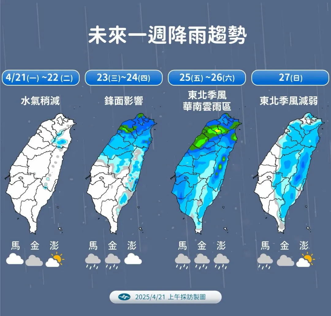 本週鋒面、東北季風陸續到來，加上華南雲雨區東移，全台各地都有降雨機會。（圖／中央氣象署提供）