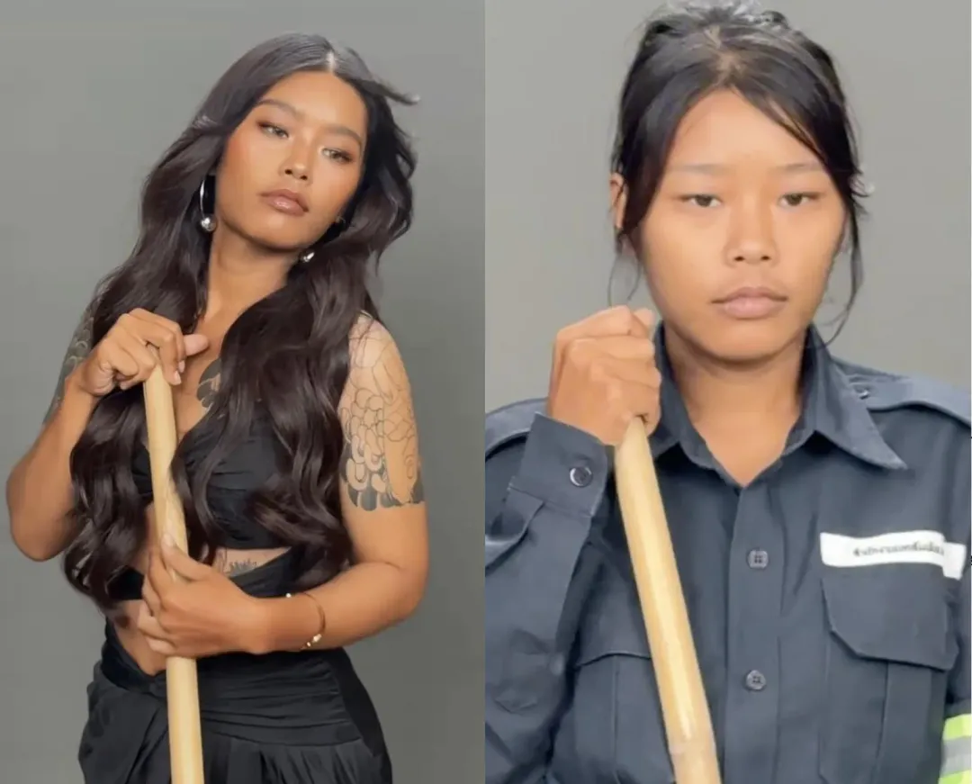泰國女清潔工Meen因偶然在街頭被拍下一張照片爆紅,後來又被知名化妝師相中因而開啟模特兒生涯。(圖/翻攝自IG@nongchatbeauty)