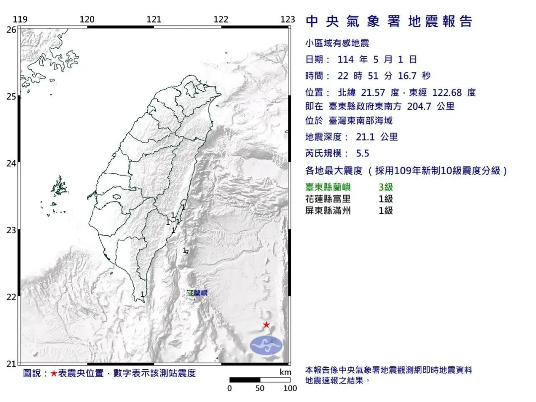 今（1）日晚間10點51分台灣東南部海域發生芮氏規模5.5地震，地震深度21.1公里，最大震度3級。（圖／氣象署提供）